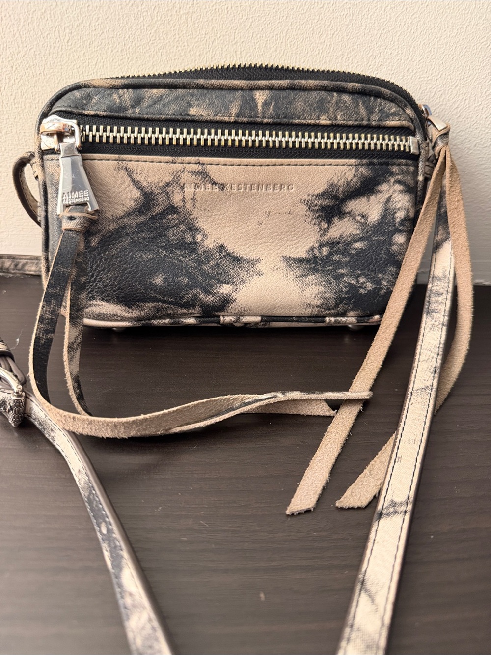 Leather Crossbody by Aimee Kestenberg Brighton Black and Cream Tie-Dye Leather